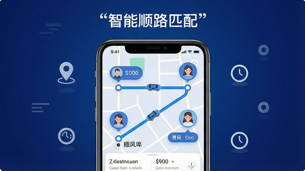 画面主体为手机屏幕特写,屏幕中显示顺风车出行用车APP的地图界面,地图上标注了起点、终点以及多个顺路乘客的头像气泡,一条蓝色路线串联起所有节点;布局采用居中构图,手机两侧散落简约的定位图标与时间图标;排版干净,上方用引号标注“智能顺路匹配”;风格为科技感UI插画,深蓝渐变背景;细节包括路线上的小车图标、预估时间与费用标签;画质清晰,干净,无多余元素。