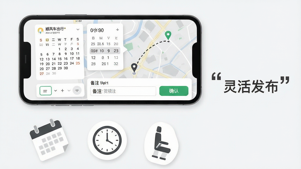 画面主体为手机屏幕展示顺风车出行用车APP的行程发布页面,日历与时间选择器突出显示,地图上起点终点用虚线连接;布局采用上下结构,上方为手机界面,下方为散落的日历、时钟、座位图标;排版清晰,右侧用引号标注“灵活发布”;风格为简约商务插画,灰白底色;细节包括可载人数选择、备注输入框、确认按钮;画质清晰,干净,无多余元素。