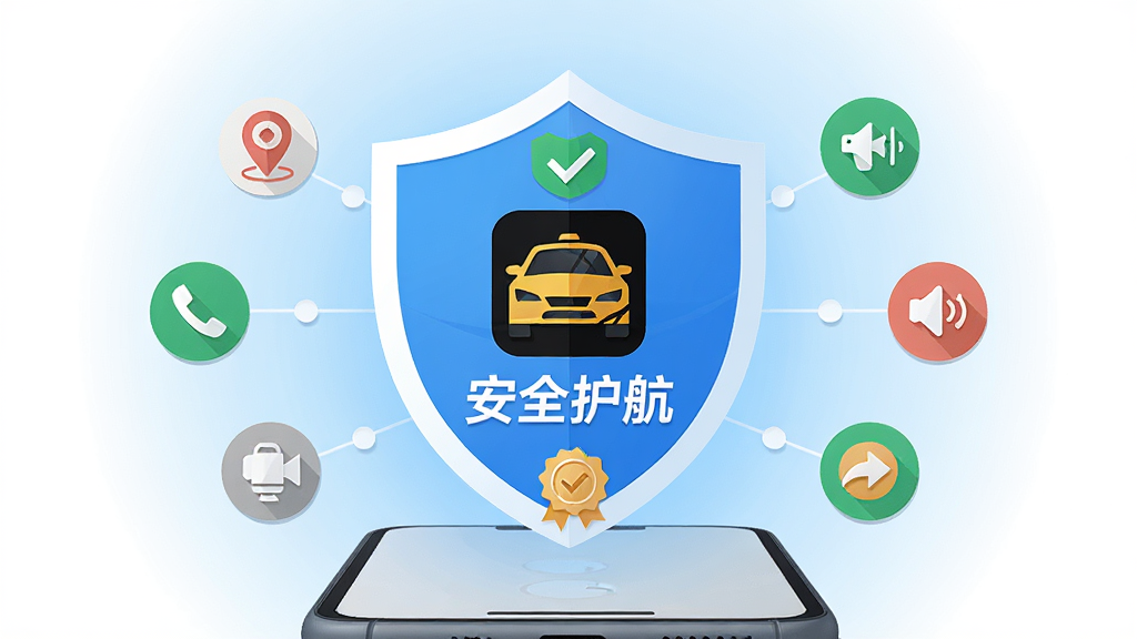 画面主体为盾牌形状的安全图标悬浮在手机上方,盾牌内嵌顺风车出行用车APP的LOGO与“安全护航”字样;布局采用中心对称,盾牌周围环绕定位、电话、录音、分享等小图标;排版层次分明,背景为淡蓝色光晕;风格为扁平化安全主题插画;细节包括盾牌上的对勾、连接线、认证徽章;画质清晰,干净,无多余元素。