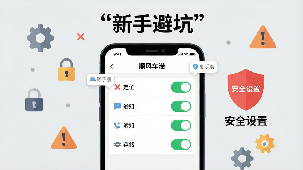 画面主体为一部智能手机屏幕显示顺风车出行用车APP的权限设置页面,定位、通知、存储等开关清晰可见,旁边有一个红色盾牌图标标注“安全设置”;布局采用手机居中,四周环绕齿轮、锁、警告标志等小图标;排版简洁,上方用引号标注“新手避坑”;风格为扁平化科技插画,浅灰背景;细节包括权限开关的绿色对勾、红色叉号、提示气泡;画质清晰,干净,无多余元素。
