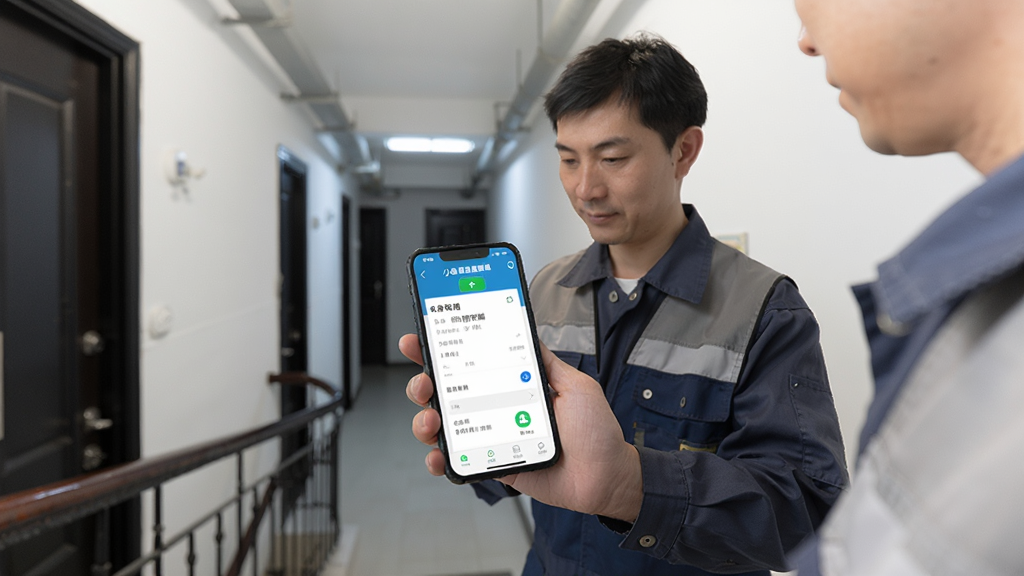 画面展示一位身穿工装的师傅站在楼道里查看手机,手机屏幕显示“小象班班师傅端”的订单详情页,页面中有导航按钮和联系客户图标,背景为居民楼走廊,光线明亮,风格写实,画质清晰,干净无多余元素