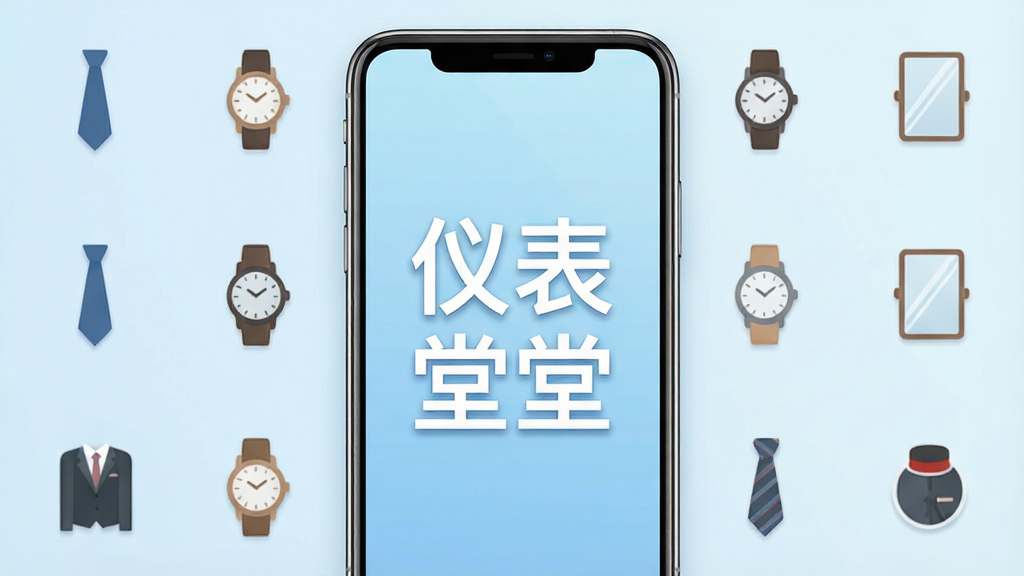一张展示手机应用界面的图片,画面中央是一部智能手机,屏幕上显示着“仪表堂堂”四个大字的启动页,背景是简洁的浅蓝色渐变,周围散落着领带、手表、镜子等与仪容仪表相关的小图标,排版干净整齐,风格清新现代,画质清晰,无多余元素