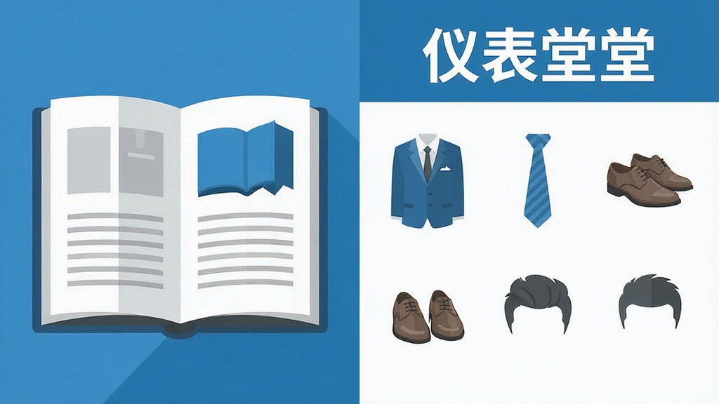 一张信息图表风格的图片,画面左侧是一本翻开的电子书,右侧是分类清晰的图标列表,包括西装、领带、皮鞋、发型等元素,顶部有“仪表堂堂”文字标识,整体采用扁平化设计,配色以蓝白灰为主,排版规整,画质干净清晰