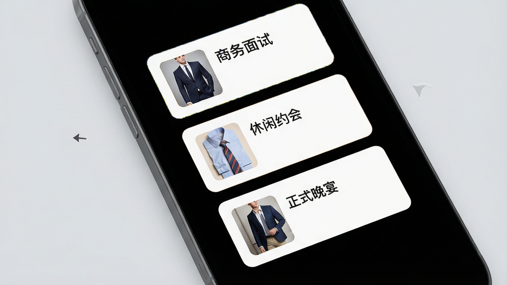 一张展示手机屏幕滑动卡片的图片,屏幕上显示三张不同风格的男士着装搭配卡片,分别标注“商务面试”“休闲约会”“正式晚宴”,卡片上有西装、衬衫、领带等缩略图,背景是柔和的浅灰色,界面风格简约,画质清晰无杂乱元素
