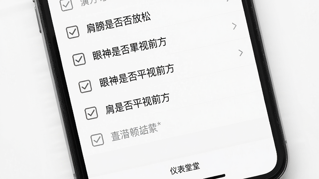 一张展示清单界面的图片,画面中手机屏幕上排列着带复选框的列表项,如“肩膀是否放松”“眼神是否平视前方”等文字,界面风格极简,背景为白色,底部有“仪表堂堂”小字标识,排版整齐,画质干净