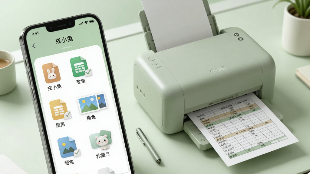 手机屏幕展示“戎小兔”文档管理界面,屏幕上排列着文档、表格、图片等图标,旁边有一台便携打印机正在输出带有表格的纸张,整体采用柔和绿色调,布局整齐,风格简约,细节丰富,画质清晰,无多余元素