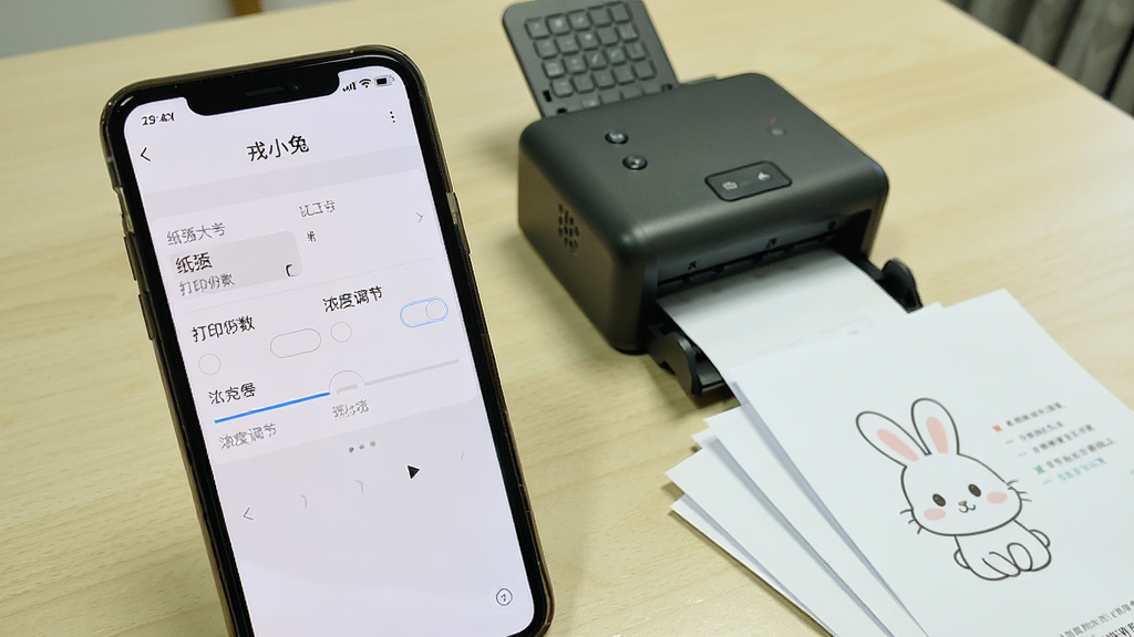 手机屏幕显示“戎小兔”打印设置页面,页面中有纸张大小、打印份数、浓度调节等选项,背景为浅色桌面,旁边有一台便携打印机和几张打印好的纸张,风格简洁实用,布局清晰,细节丰富,画质干净,无多余元素