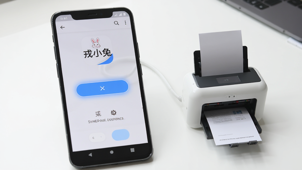 一部安卓手机屏幕显示“戎小兔”应用界面,界面中央有一个醒目的连接按钮,旁边是一台正在打印纸张的小型打印机,背景为简洁的白色桌面,风格清新明快,布局左右呼应,细节精致,画质干净,无多余元素