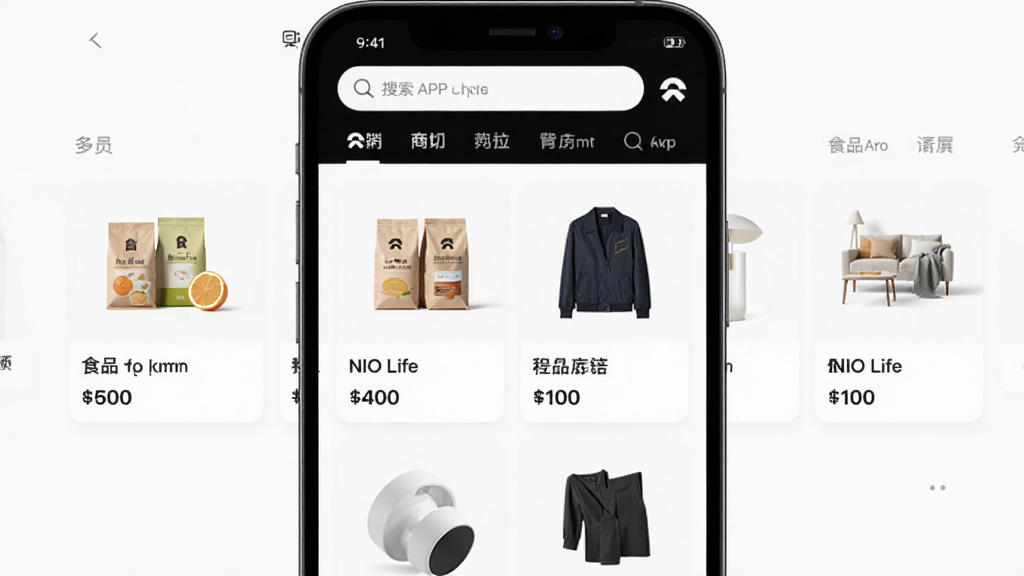 蔚来APP商城界面展示图,手机屏幕上呈现NIO Life商城商品列表,包含食品、服饰、家居用品等商品卡片,每张卡片有商品图片、名称和价格标签,顶部有搜索栏和分类导航,整体风格清新简约,画质高清,布局整齐