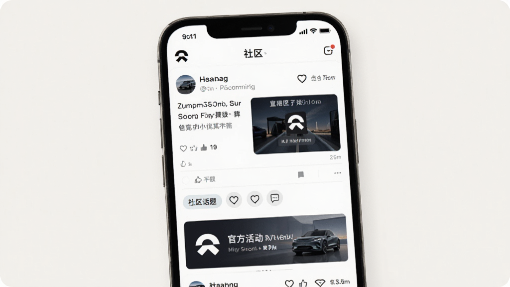 蔚来APP社区互动界面展示图,画面展示手机屏幕上社区信息流页面,包含用户发布的动态卡片、点赞评论图标、话题标签和官方活动横幅,背景为浅色干净风格,突出社交属性和信息丰富度,画质清晰,排版整洁