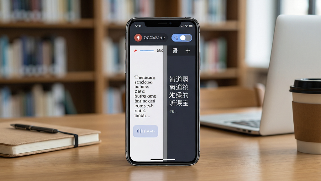 一张展示LectMate: 有道留学听课宝软件界面的图片,画面主体是一部智能手机放置在木质书桌上,手机屏幕显示着实时语音转写与翻译对照的课堂界面,左侧为英文原文,右侧为中文译文,界面顶部有录音计时与语种切换按钮。布局采用居中构图,背景是虚化的图书馆书架与笔记本电脑。风格为现代科技感UI展示,细节包括手机边缘的高光反射、屏幕上清晰的文字排版与图标、桌面上的笔记本与咖啡杯。画质高清,干净明亮,无多余元素干扰。