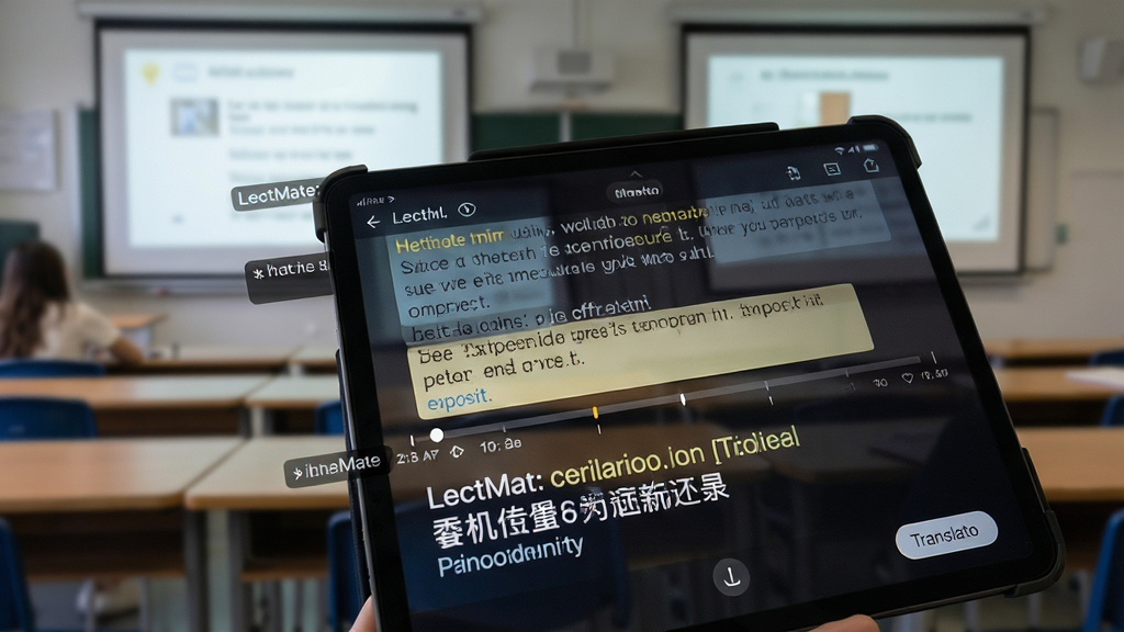 一张LectMate: 有道留学听课宝实时翻译功能展示图,画面主体为平板电脑屏幕特写,屏幕上显示着双语对照的课堂笔记界面,上方是英文原文段落,下方是中文翻译,文字清晰可读。布局采用斜视角展示,背景是教室课桌与投影幕布虚影。风格为教育科技产品演示风,细节包括屏幕上的时间轴标记、段落高亮与翻译按钮,画质清晰,干净无杂乱元素。