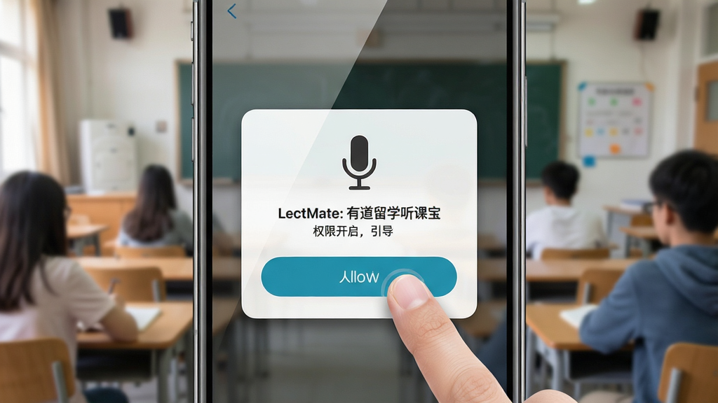 一张LectMate: 有道留学听课宝新手操作引导图,画面主体为手机屏幕特写,显示权限开启引导弹窗,弹窗内有麦克风图标与允许按钮,背景是虚化的教室场景。布局为居中展示,风格为移动应用引导页设计,细节包括手指点击按钮的动作、弹窗阴影与屏幕反光,画质清晰,干净无杂乱元素。