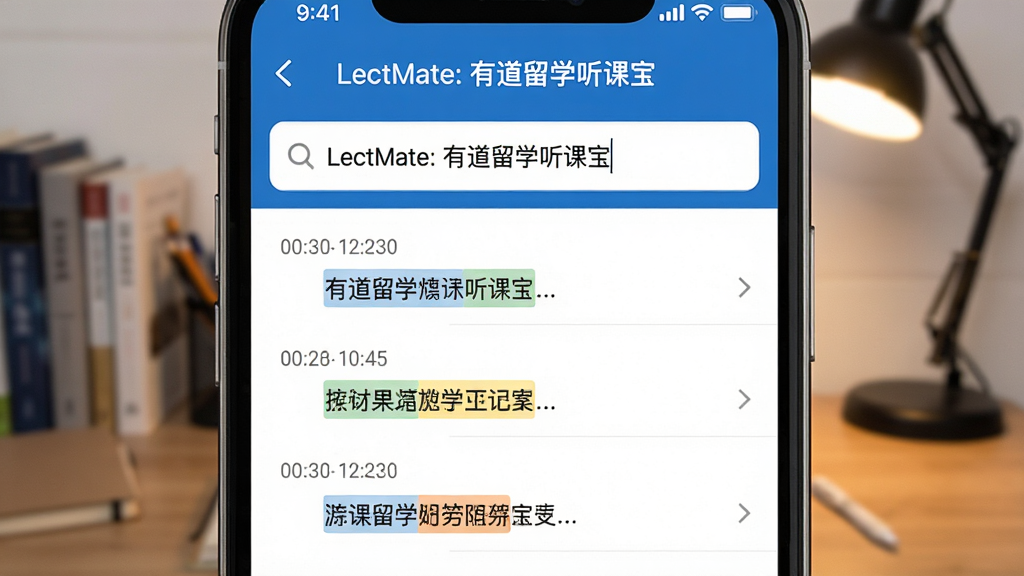 一张LectMate: 有道留学听课宝关键词检索功能界面图,画面主体为手机屏幕特写,显示搜索框内输入专业术语后,下方列出多条匹配的课堂记录片段,每条记录带有时间戳与高亮关键词。布局为居中展示,背景是虚化的书桌与台灯。风格为移动应用UI展示,细节包括搜索图标、高亮色块与段落缩进,画质清晰,干净利落。
