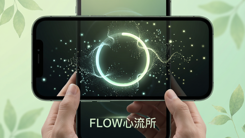 һ������FLOW����������ѵ�����ܵ���дͼ������������һ���ֻ���Ļ����Ļ����ʾ��һ������ĺ�������Բ����Բ����Χ��ϸ������ӹ�����ź���������ɢ���ֻ��·���һ˫���ɵ��֣���������͵�ǳ��ɫ���䣬Ӫ�����Ȼ��ƽ���ķ�Χ�����ּ�࣬����ͻ�������Ϊ����Ƽ��磬ϸ��ǿ��Բ���Ĺ���Ч�������ӵĶ�̬�С������������ɾ��޶���Ԫ�أ���Ļ�·���Ȼ�������֡�FLOW����������