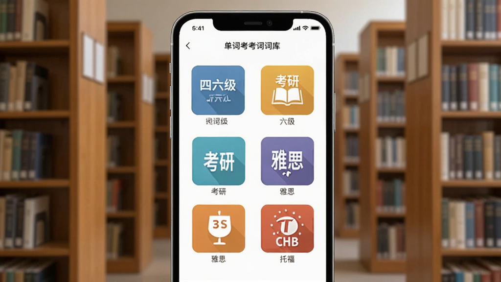 考过单词考试词库选择界面,手机屏幕展示四六级、考研、雅思、托福等词库封面图标整齐排列,背景是图书馆书架,学术氛围,扁平化设计,高清画质,干净无多余元素