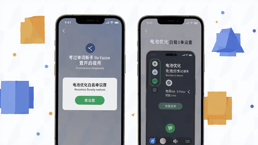 考过单词新手设置引导页面,手机屏幕展示权限开启提示和电池优化白名单设置步骤,背景是简洁的几何图形,扁平化插画风格,高清画质,干净无多余元素