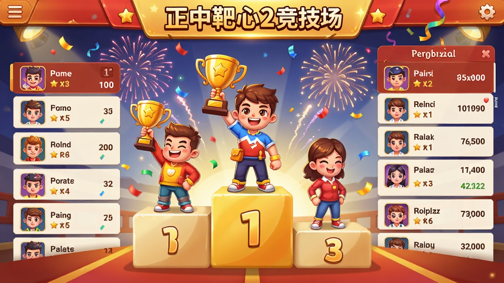 一个卡通风格的竞技排行榜界面,画面中央是领奖台,前三名角色站在台上举着奖杯,背景有烟花和彩带特效。排行榜列表显示玩家头像、昵称和分数,界面顶部写着