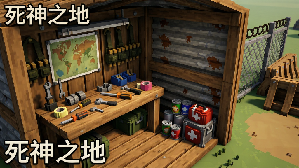 画面展示一个由木板和铁皮搭建的简易庇护所内部,工作台上有散落的工具和武器零件,墙上挂着地图与弹药袋,角落里堆放着罐头和医疗包。布局采用俯视四十五度角,主体庇护所占据画面中央偏左位置,右侧留出部分室外视野可见铁丝网与路障。排版突出工作台与储物箱的细节。风格为体素方块风格与写实光影结合。细节包括木板的纹理、铁皮的锈迹、桌上的螺丝刀与胶带。画面中打上文字“死神之地”。画质高清,干净,无多余元素。
