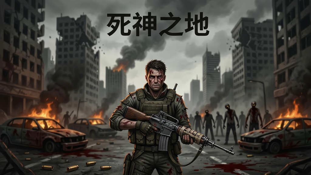 画面中央是一位穿着破旧战术装备的幸存者,手持自制步枪站在废弃城市的街道上,背景是倒塌的高楼与燃烧的汽车残骸,远处有模糊的丧尸群轮廓。布局采用竖版手机壁纸比例,主体人物位于画面中下方三分之一处,上方留出天空与浓烟。排版简洁,人物与背景层次分明。风格为暗黑末日写实插画风,色调以灰褐、暗红、墨绿为主。细节包括人物脸上的伤痕、武器上的绑带、地面散落的弹壳与血迹。画面中打上文字“死神之地”。画质高清,干净,无多余元素。