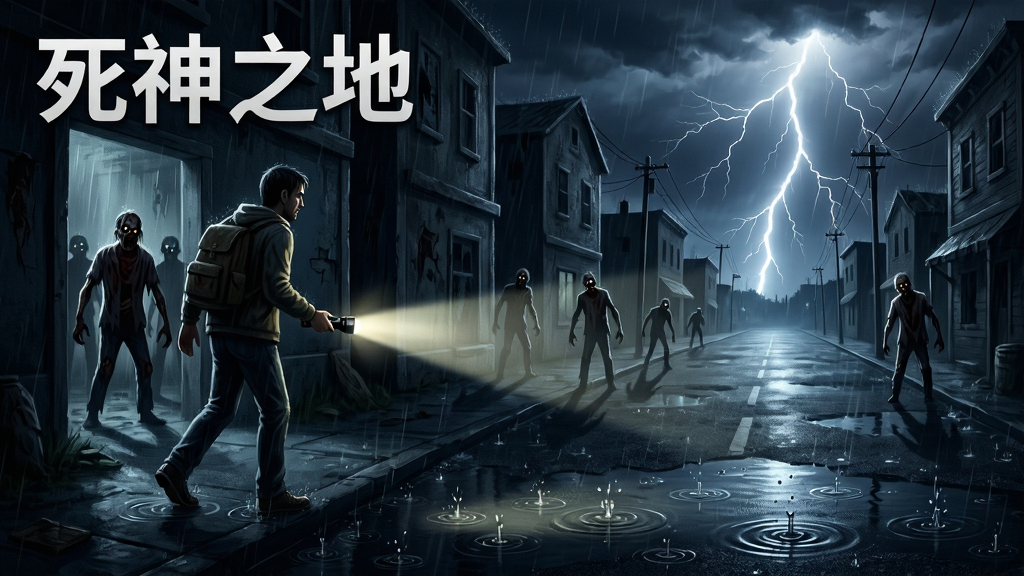 画面描绘暴雨夜的废弃小镇,闪电划破夜空照亮街道,一个幸存者举着手电筒在雨中前行,身后隐约有数个丧尸身影从巷子中涌出。布局采用广角横版构图,主体人物位于画面左侧三分之一处,右侧街道延伸至远方。排版强调雨水的动感与闪电的高光。风格为暗黑电影感数字绘画。细节包括雨滴打在积水上的涟漪、手电筒的光束穿透雨幕、丧尸腐烂的面部轮廓。画面中打上文字“死神之地”。画质高清,干净,无多余元素。