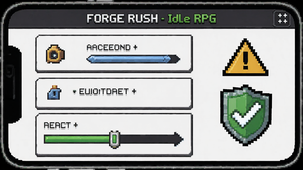 һ���ֻ���Ļ��ʾ Forge Rush - Idle RPG ����Ϸ���ý��棬�������˺Ű󶨡��浵���������ʵ��ڵ�ѡ��Ա���һ����ʾ��־�ʹ򹴵Ķ���ͼ�꣬���ط�񣬼�����ˣ���������