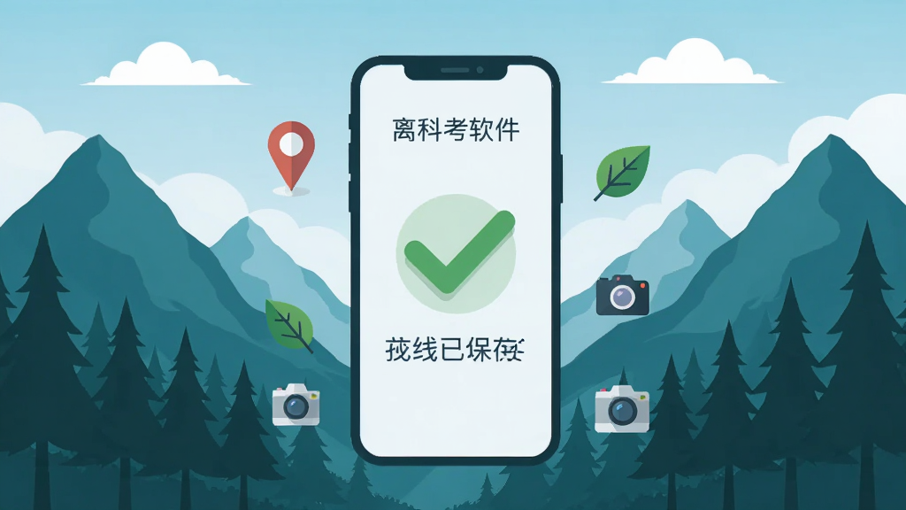 以e科考软件为核心元素的扁平化插画,画面主体是一部手机屏幕显示离线记录已保存的绿色对勾图标,背景是层叠的山脉和森林剪影,天空中有几朵白云;布局上手机位于画面正中央,山脉从左右两侧向中间延伸形成纵深感;风格为现代扁平矢量插画,色彩以蓝绿自然色调为主;细节包括手机周围环绕着定位图钉、树叶、相机等小图标;画质清晰干净,无多余元素