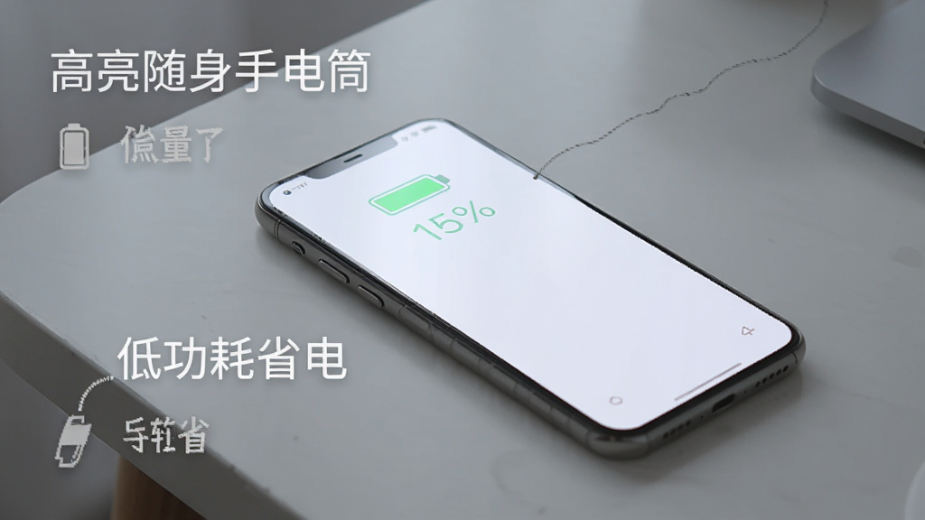 手机平放在桌面上,屏幕发出柔和白光,旁边显示电池图标和电量百分比,画面中标注
