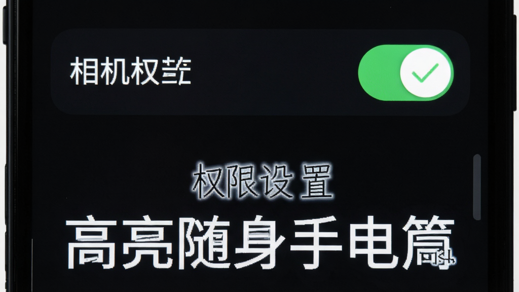 手机屏幕显示高亮随身手电筒的权限设置界面,相机权限开关处于开启状态,旁边有绿色对勾标记,画面下方标注