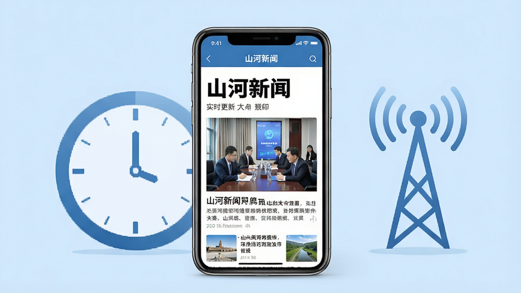 画面中央一部手机展示“山河新闻”APP的新闻详情页,页面标题醒目,配图清晰,手机两侧有抽象的时钟和信号塔图形,象征实时更新,背景为浅蓝色调,布局对称,风格简洁商务,细节精致,画质高清,干净无多余元素