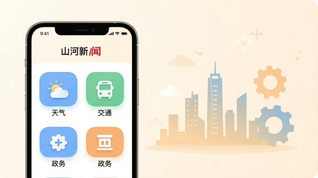 展示“山河新闻”APP的生活服务页面,界面包含天气、交通、政务等图标,手机旁边有城市剪影和齿轮元素,象征便捷生活,背景为柔和米白色,布局清晰,风格清新浅色,细节丰富,画质高清,干净无多余元素