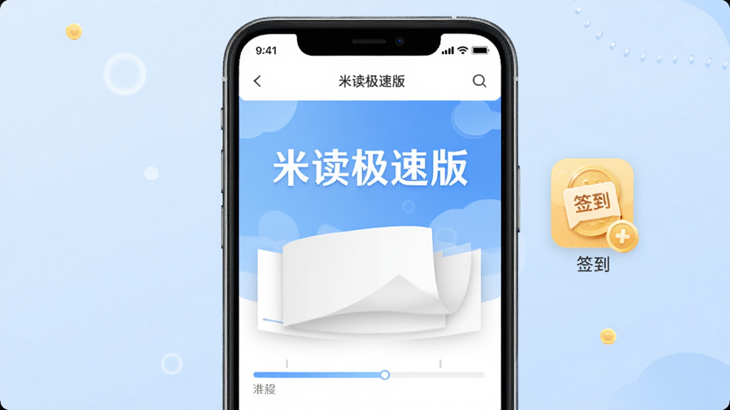 米读极速版免费阅读主题图,画面中央一部手机展示米读极速版阅读页,页面有“米读极速版”文字,旁边有金币和签到图标,背景为柔和浅蓝色,布局简洁,风格轻松,细节包括翻页动画和进度条,画质高清,干净,无多余元素