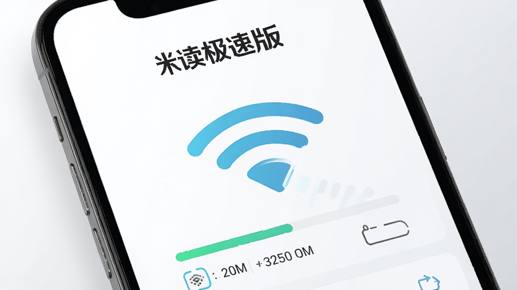 米读极速版轻量省流量场景,画面主体是一部手机和一张WiFi图标,手机屏幕显示米读极速版下载缓存界面,顶部有“米读极速版”文字,背景为白色与浅灰渐变,布局简洁,风格科技感,细节包括缓存进度条和流量图标,画质高清,干净,无多余元素
