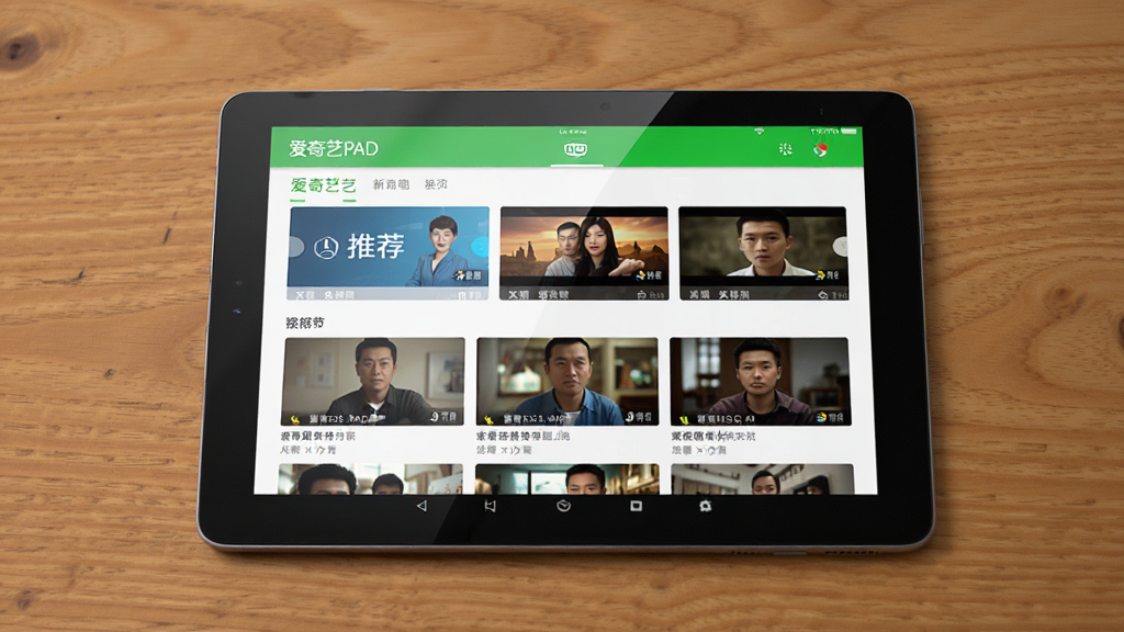 一张写实风格图片,主体为一台横放的安卓平板电脑,屏幕上展示“爱奇艺PAD”应用主界面,界面中包含顶部导航栏、轮播推荐位、视频卡片网格,布局为平板居中放置在木质桌面上,排版模拟真实使用场景,风格为产品展示摄影,细节包括屏幕反光、桌面纹理、柔和室内光线,画质高清,干净,无多余元素。