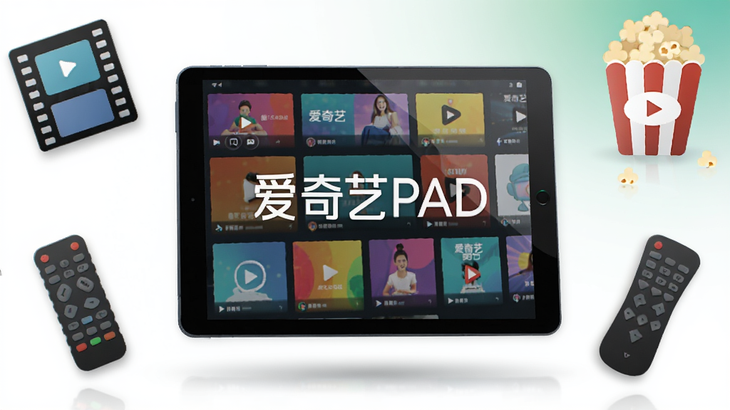 一张横版科技风格图片,主体为悬浮在画面中央的平板电脑,平板屏幕中显示“爱奇艺PAD”字样和色彩丰富的视频海报墙,布局为居中构图,平板四周环绕着电影胶片、爆米花、遥控器图标等娱乐元素,排版整洁有序,风格为现代扁平化插画,细节包括渐变色背景、光影反射效果、柔和阴影,画质高清,干净,无多余元素。