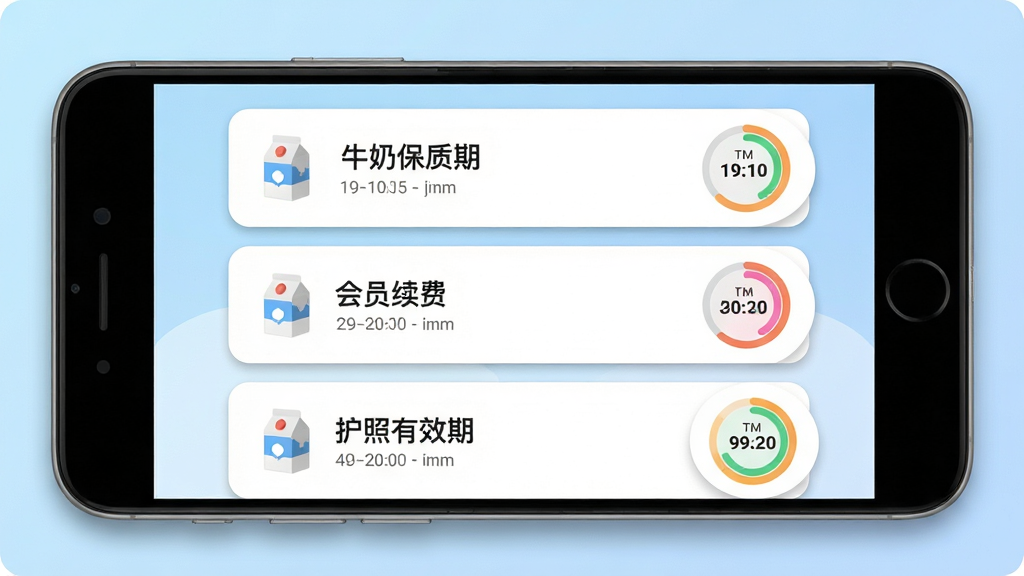到期清单安卓版主界面预览图,画面中央展示一部智能手机,手机屏幕内呈现到期清单应用的列表视图,列表中包含牛奶保质期、会员续费、护照有效期等条目,每条右侧带有彩色圆形倒计时标签,背景为浅蓝色渐变,布局简洁,排版清晰,风格现代扁平化,细节包括柔和的投影和圆角卡片,画质高清,干净,无多余元素