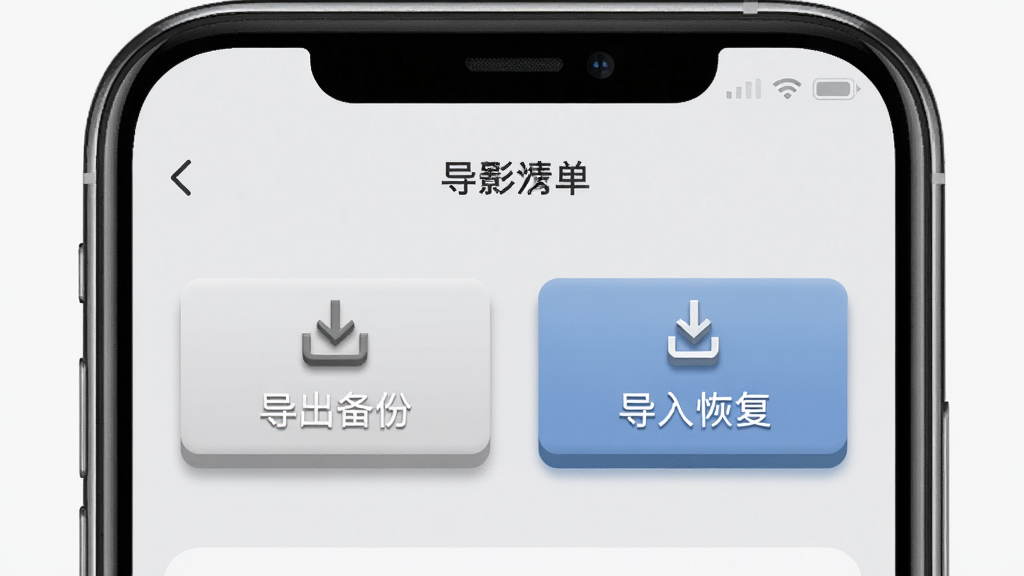 到期清单数据备份与恢复操作界面图,画面中手机屏幕显示到期清单的设置页面,包含“导出备份”和“导入恢复”两个按钮,背景为浅灰色,风格简约商务,细节包括按钮的立体感和图标设计,画质高清,干净,无多余元素
