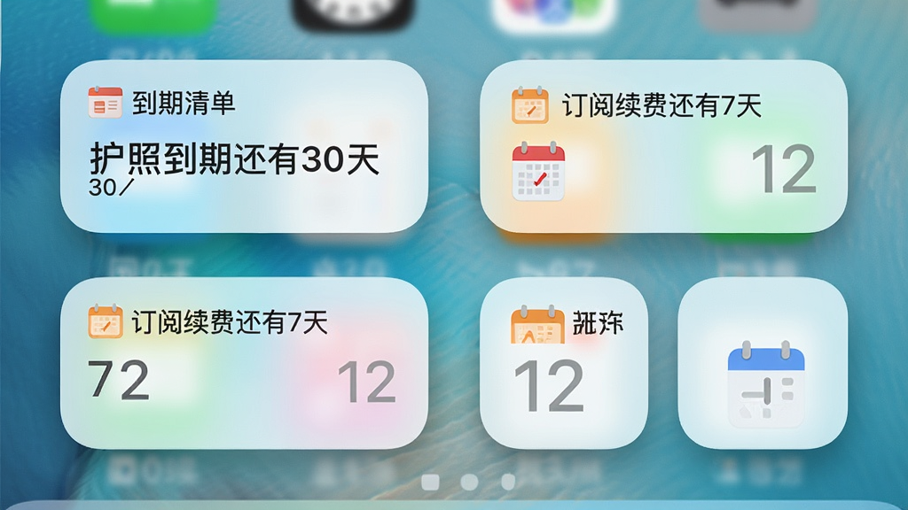 到期清单桌面小组件展示图,画面展示手机主屏幕,桌面上放置了到期清单的2x2和4x2小组件,分别显示“护照到期还有30天”和“订阅续费还有7天”,背景为清新壁纸,风格现代,细节包括小组件的圆角与阴影,画质高清,干净,无多余元素