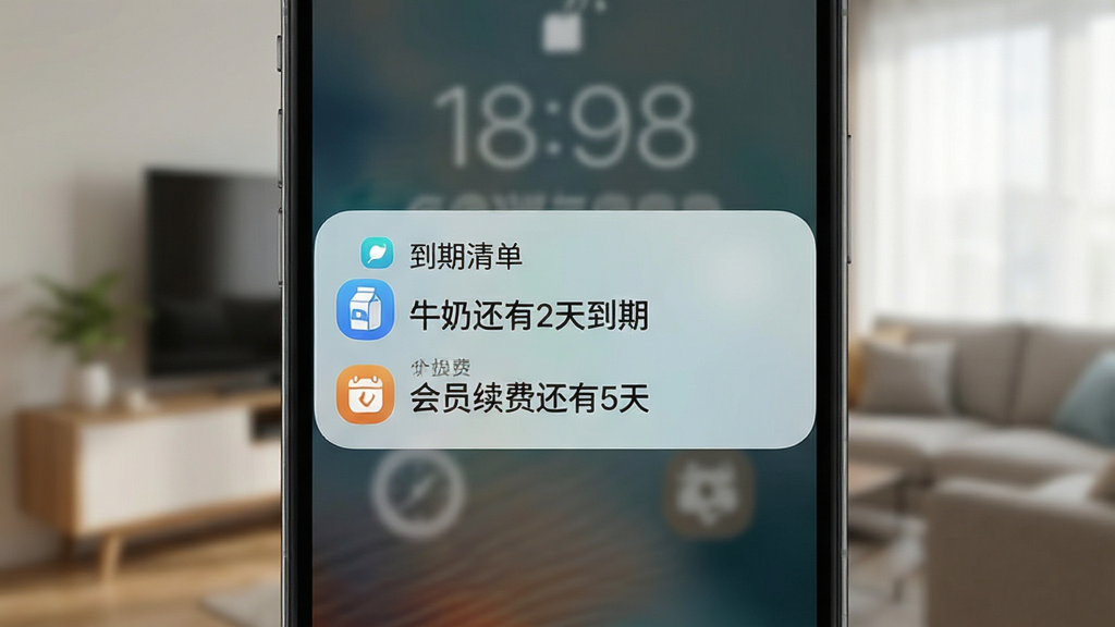 到期清单智能提醒通知功能示意图,画面展示手机锁屏界面弹出到期清单通知卡片,通知内容显示“牛奶还有2天到期”和“会员续费还有5天”,背景为虚化的室内场景,风格写实,细节包括通知卡片的圆角与图标,画质高清,干净,无多余元素
