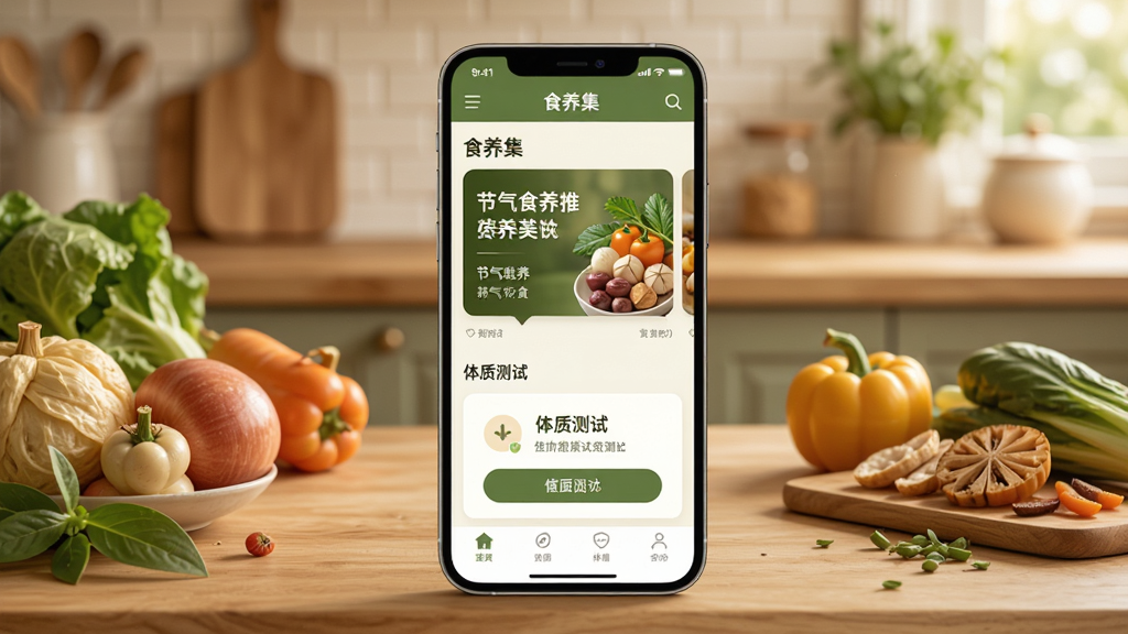 食养集应用主界面展示图,画面中央是一台智能手机,屏幕上显示着食养集App的首页,包含节气食养推荐卡片和体质测试入口,背景是温馨的厨房场景,有新鲜食材和木质桌面,整体色调为暖绿色与米白色搭配,风格清新自然,细节包括食材纹理和界面图标,画质高清,干净整洁,无多余元素