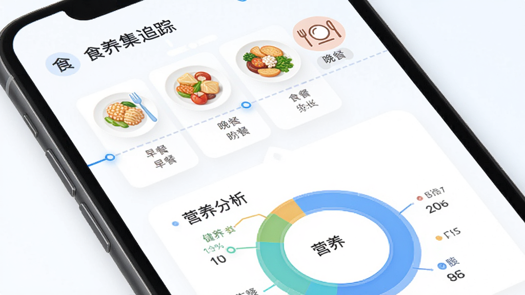 食养集饮食记录与健康追踪界面图,画面展示手机屏幕上的饮食记录时间轴,有早餐午餐晚餐的图标和食物条目,下方有营养分析环形图,背景为清爽的蓝白色调,风格现代简洁,细节包括数据图表和图标,画质高清,干净无多余元素