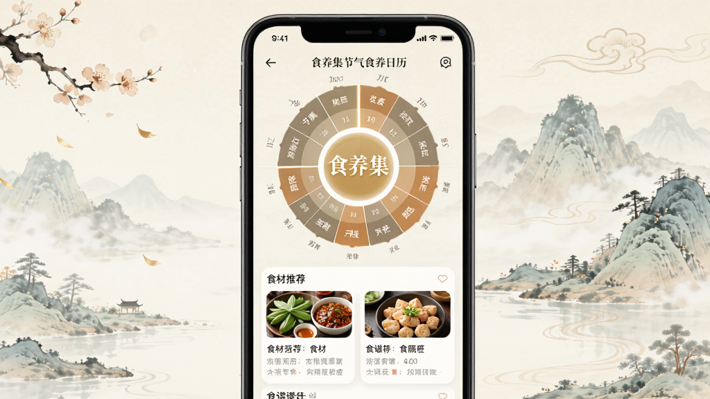 食养集节气食养日历界面图,画面展示手机屏幕上的二十四节气圆形图表,当前高亮显示某个节气,下方有对应的食材推荐卡片和食谱缩略图,背景为柔和的中国风插画风格,有淡雅的山水元素,细节精致,画质高清,干净无多余元素