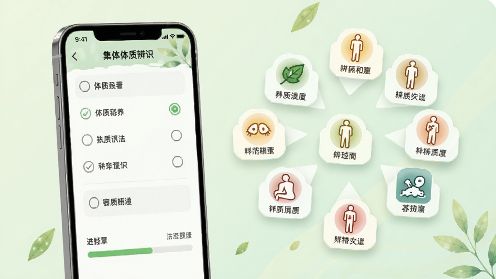 食养集体质辨识功能界面图,画面展示手机屏幕上的体质测试问卷页面,有选择题选项和进度条,旁边漂浮着九种体质类型的图标标签,背景为淡雅的浅绿色渐变,风格简洁现代,细节清晰,画质干净,无多余元素