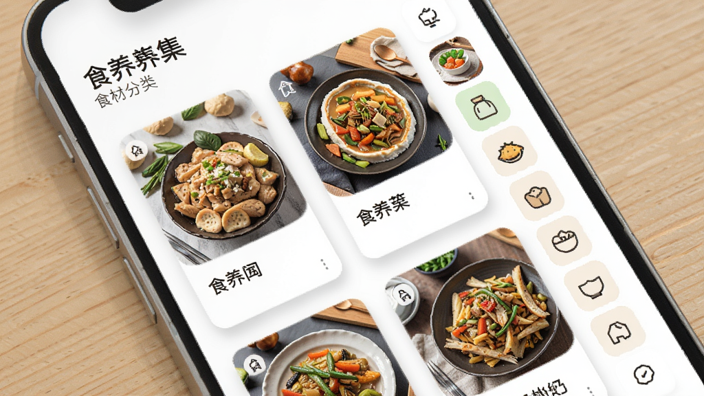 食养集食谱与食材库界面图,画面展示手机屏幕上排列着多张食谱卡片,每张卡片有菜品图片和名称,旁边有食材分类标签栏,背景为干净的白色与浅木色搭配,风格简约实用,细节包括卡片阴影和图标设计,画质清晰,无多余元素