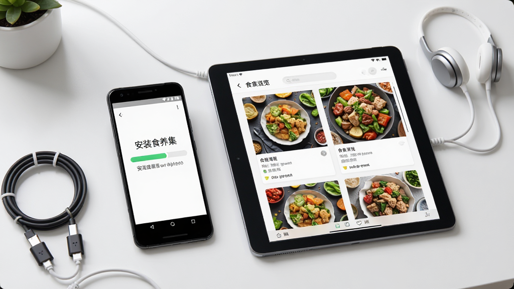 食养集移动端操作步骤示意图,画面展示一部安卓手机和一部平板电脑并排摆放,手机屏幕上显示安装进度条,平板屏幕上显示食谱浏览界面,背景为简洁的桌面环境,有数据线和耳机等配件,风格科技感与生活感结合,细节清晰,画质高清,干净无多余元素