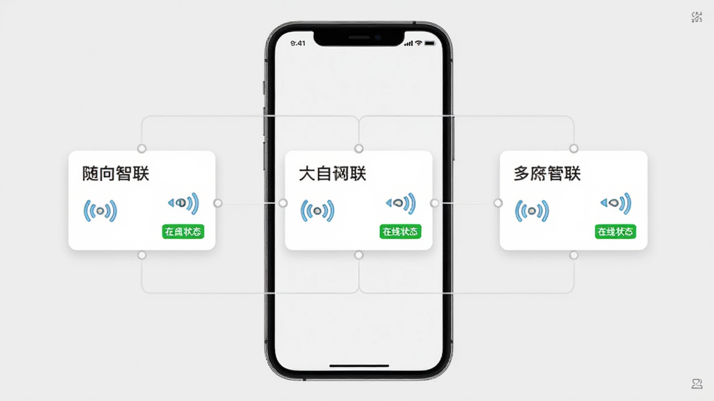 万向智联多设备管理界面示意图,画面中一部手机屏幕显示三个随身WiFi设备卡片,每个卡片上有设备名称、信号图标和在线状态标签,卡片之间用细线连接形成管理网络,背景为浅灰色极简风格,排版整齐,画质清晰,无杂乱元素