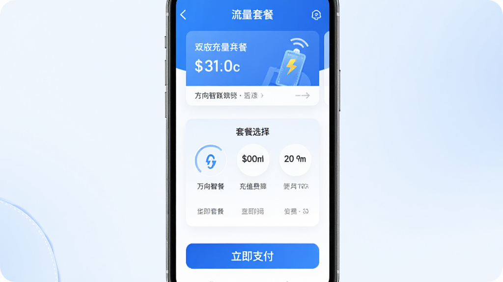 万向智联充值续费页面示意图,手机屏幕展示套餐选择列表和支付按钮,界面配色为蓝白相间,顶部有流量套餐卡片,底部有醒目的立即支付按钮,背景为柔和的浅色渐变,整体风格清新简洁,画质干净,无多余装饰