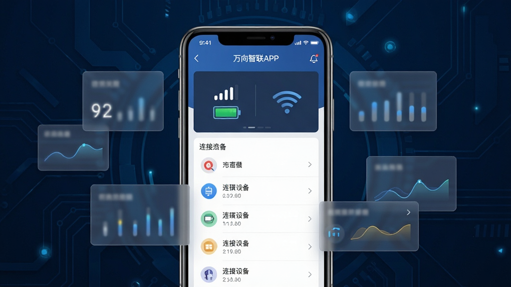 万向智联APP界面截图风格图片,画面中央是一部手机,手机屏幕显示设备监控面板,面板上有信号格、电池图标、WiFi图标和连接设备列表,手机旁边漂浮着几个半透明的数据卡片,背景为深蓝色科技纹理,整体布局清晰对称,风格简洁商务,细节精致,画质干净无多余元素