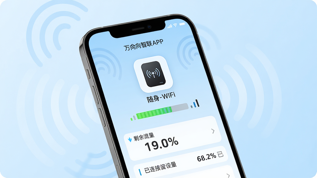一张展示智能手机屏幕的图片,屏幕上显示着万向智联APP的主界面,界面中有随身WiFi设备图标、信号强度指示条、剩余流量百分比数字和已连接设备数量,背景是简洁的浅蓝色渐变,手机周围有微弱的无线信号波纹图案,整体风格现代科技感,画面干净明亮,无多余元素,高清画质