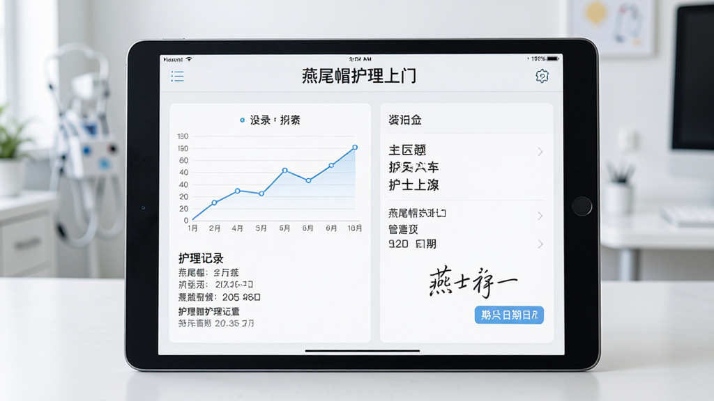 平板电脑屏幕上显示“燕尾帽护理上门”的护理记录详情页,主体为平板设备,布局为居中展示,排版清晰,风格为医疗数据管理界面风,细节包括折线图、文字记录、护士签名、日期标签,画质高清,干净,无多余元素